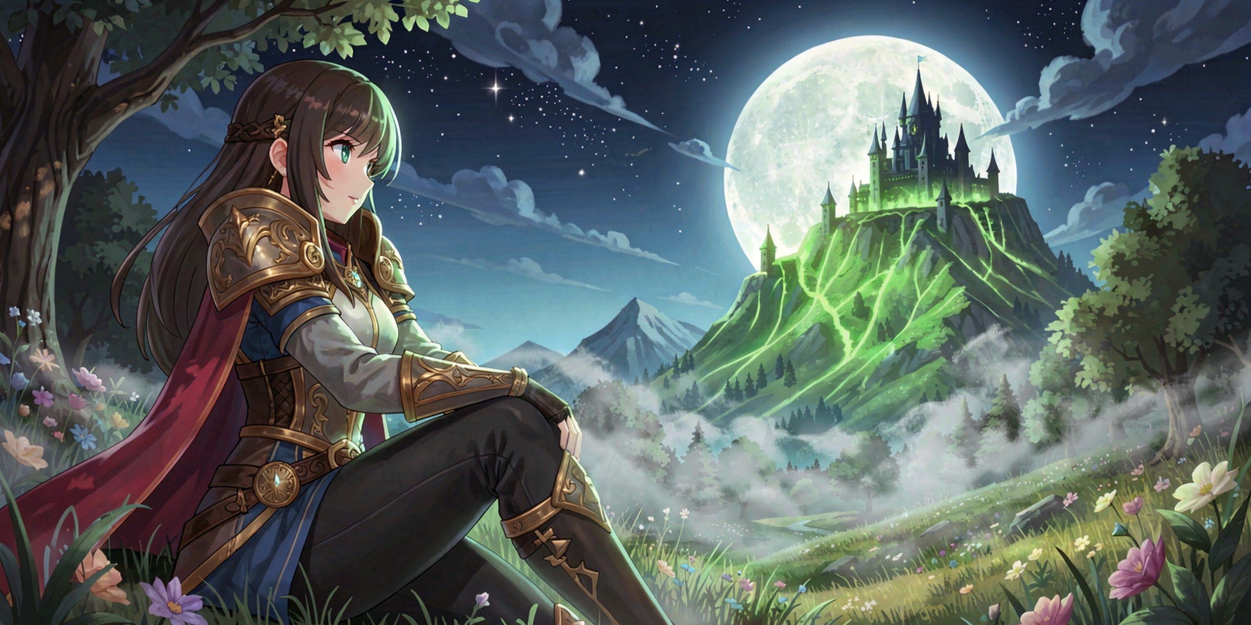 Moonlit meadow with a caped guardian gazing toward a glowing castle beneath a full moon